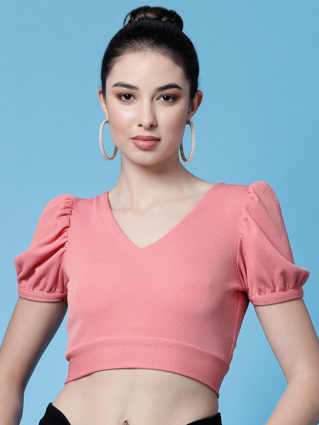 Oomph! Puff Sleeves Styled Back Crop Top, Peach