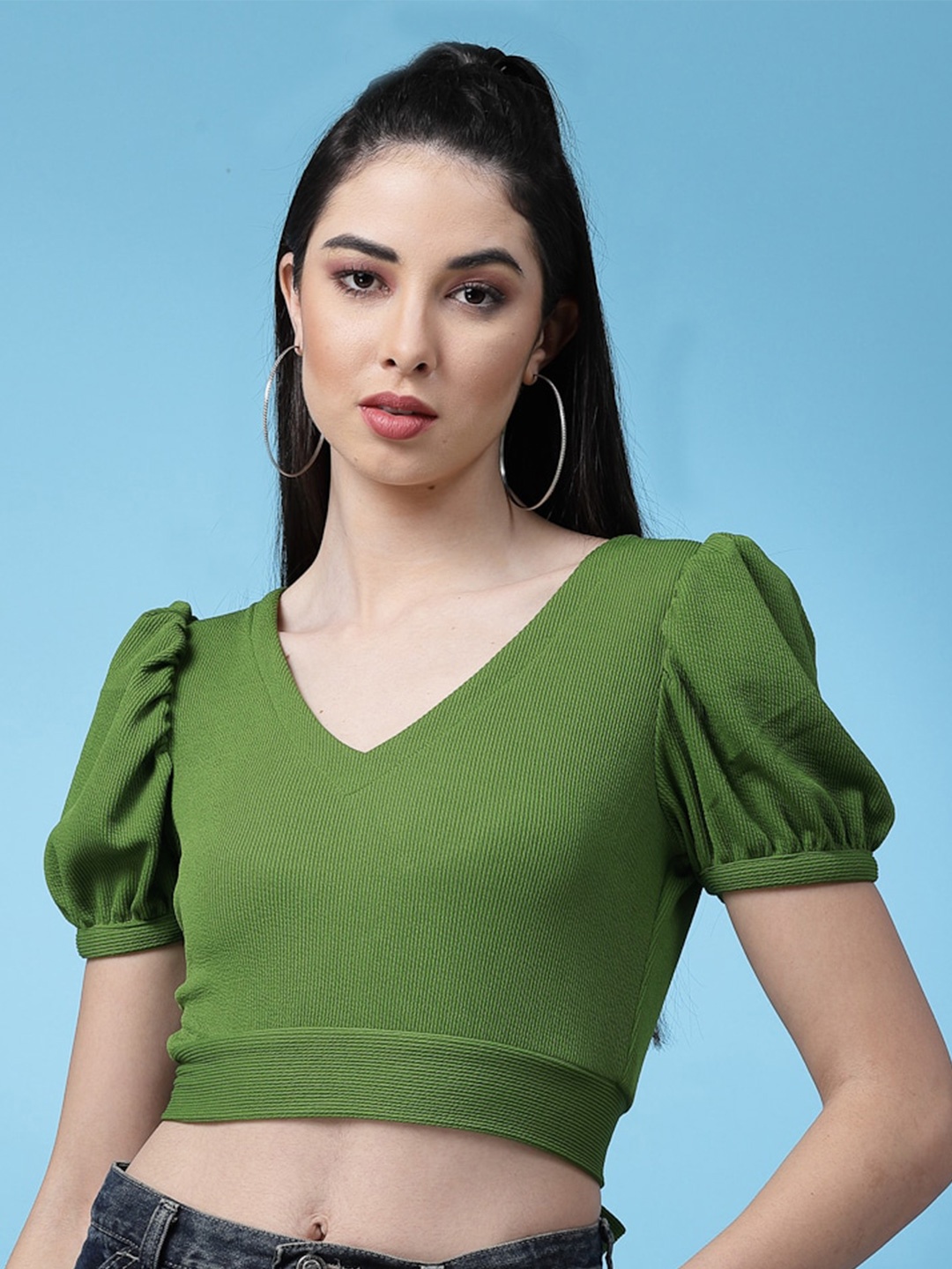

Oomph! Green Puff Sleeves V-Neck Waist Tie Ups Crop Styled Back Top
