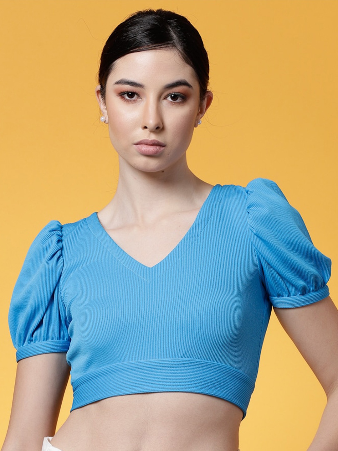 

Oomph! V-Neck Puffed Sleeves Cut Out Tie-Ups Ribbed Crop Fitted Top, Blue