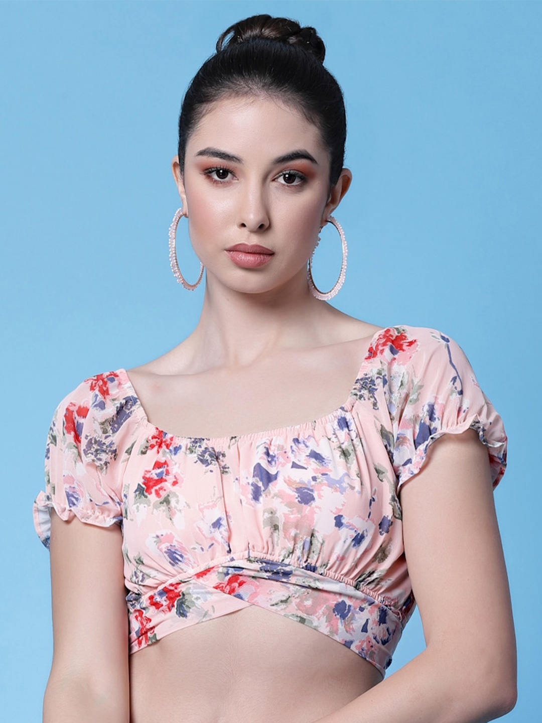 

Oomph! Floral Printed Puff Sleeves Crop Top, Rose