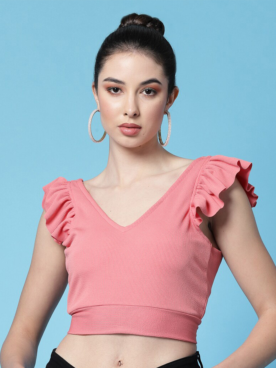 

Oomph! Flutter Sleeve Ruffles Styled Back Crop Top, Pink