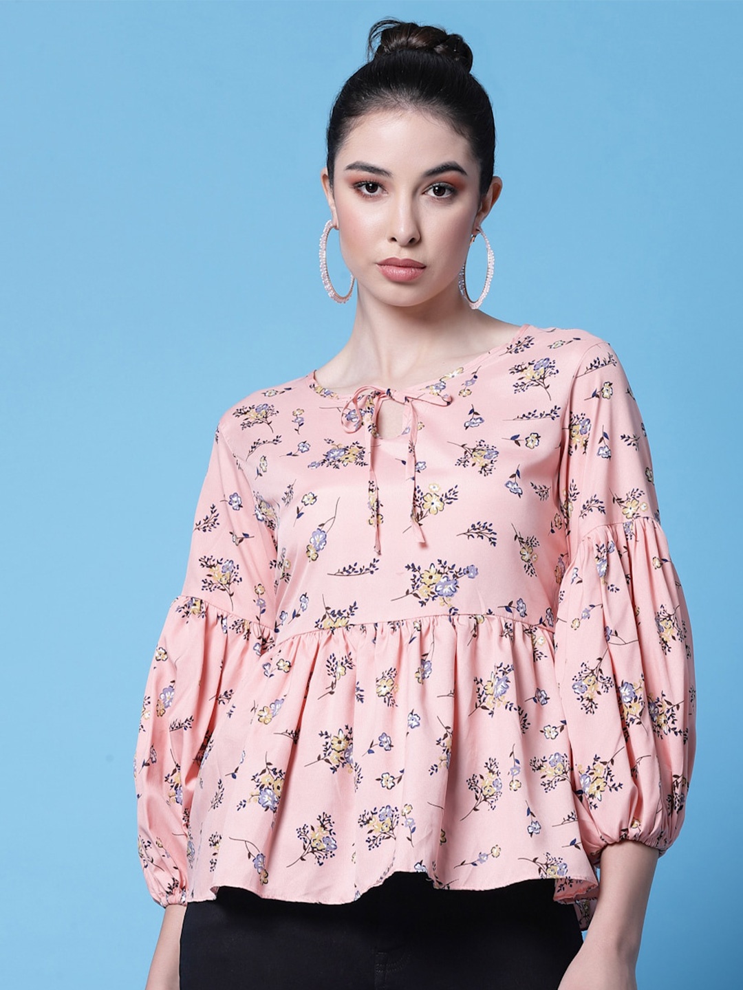 

Oomph! Orange Floral Printed Tie-Up Neck Puff Sleeves Peplum Top, Peach