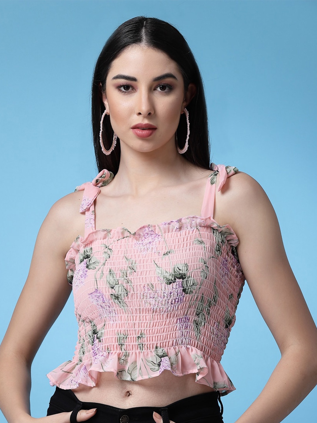 

Oomph! Floral Printed Shoulder Straps Smocked Fitted Crop Top, Pink