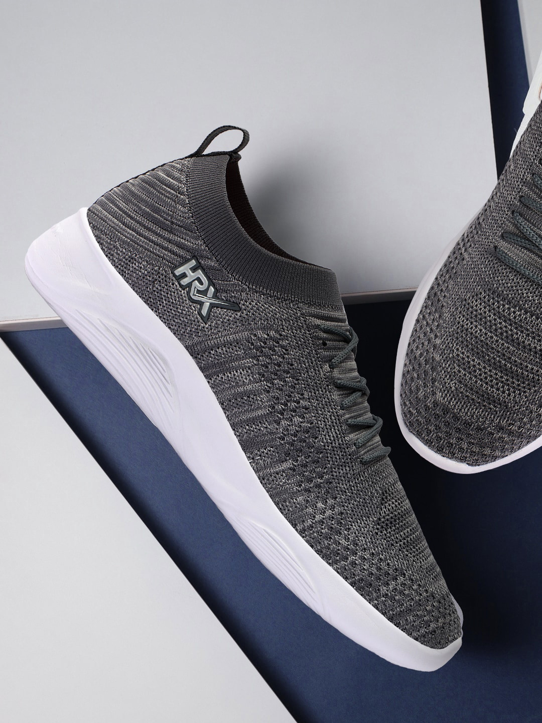 

HRX by Hrithik Roshan Men Grey And White Woven Design Lightweight Slip-On Sneakers