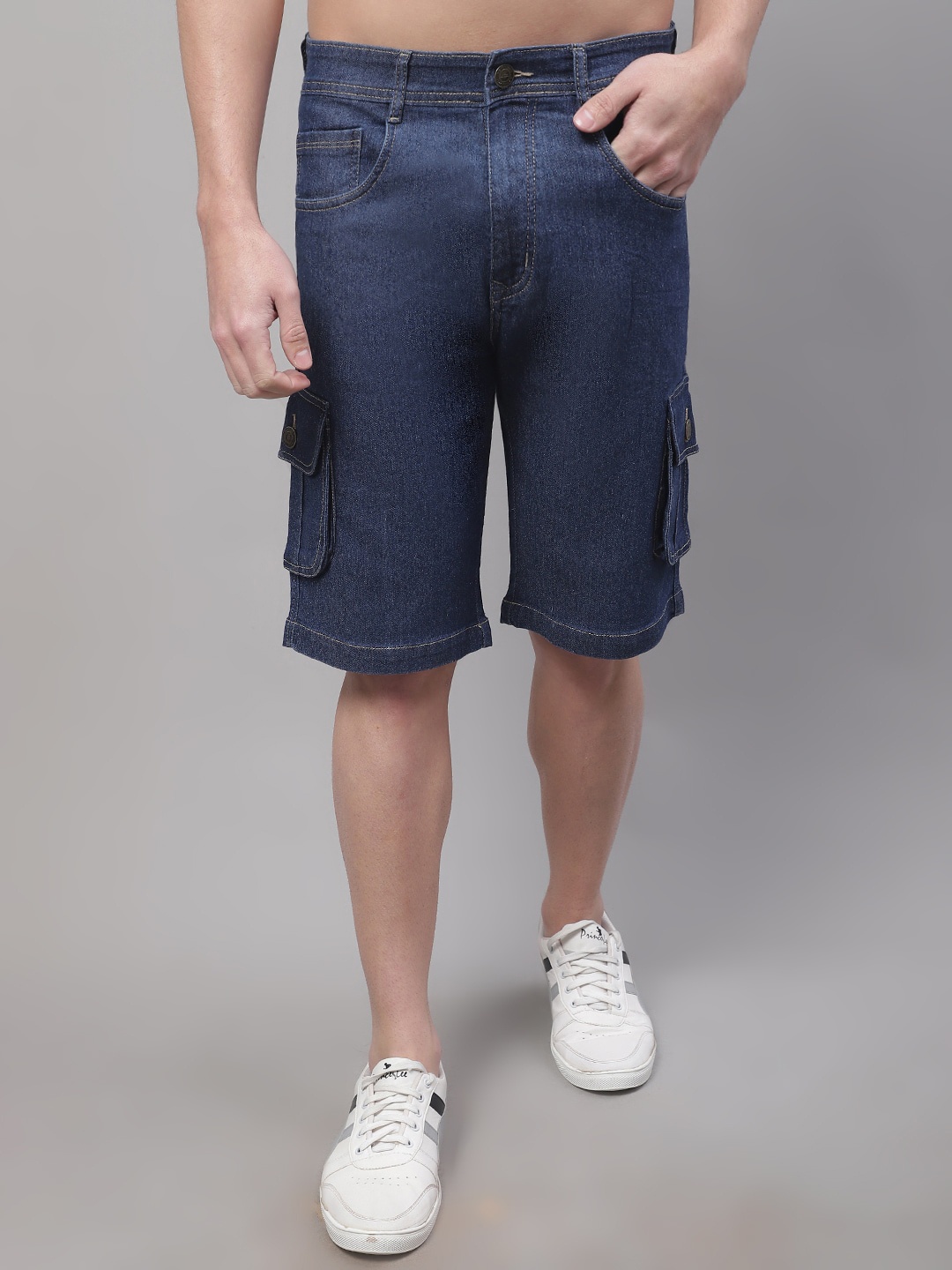 

Metronaut Men Mid-Rise Stretchable Cotton Denim Cargo Shorts, Blue