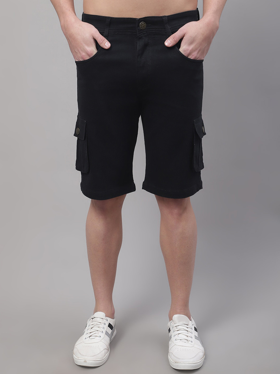 

Metronaut Men Mid-Rise Stretchable Cotton Denim Cargo Shorts, Black