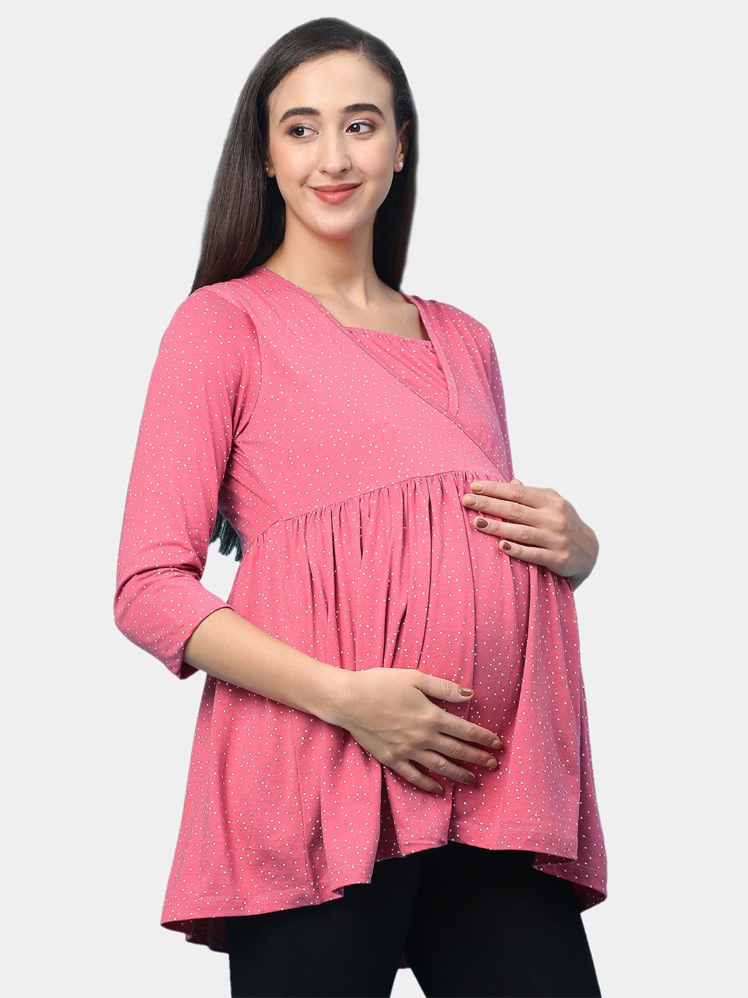 

Inner Sense Polka Dots Printed Organic Cotton Maternity Top, Pink