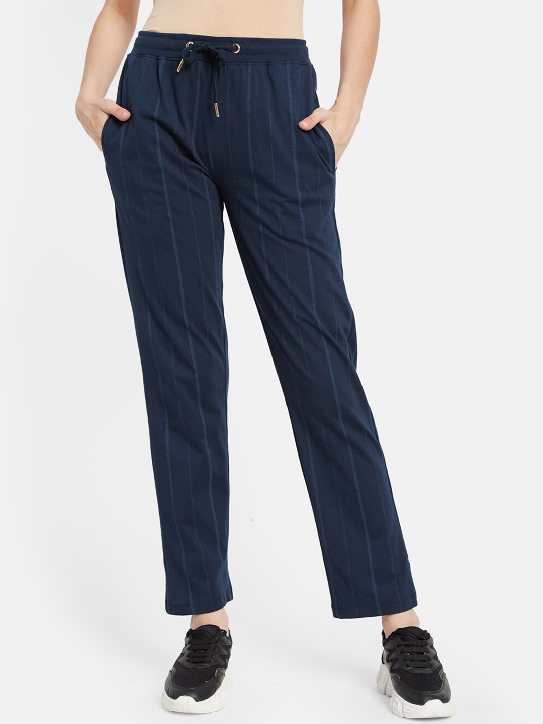 

METTLE Women Striped Mid-Rise Cotton Track Pants, Navy blue