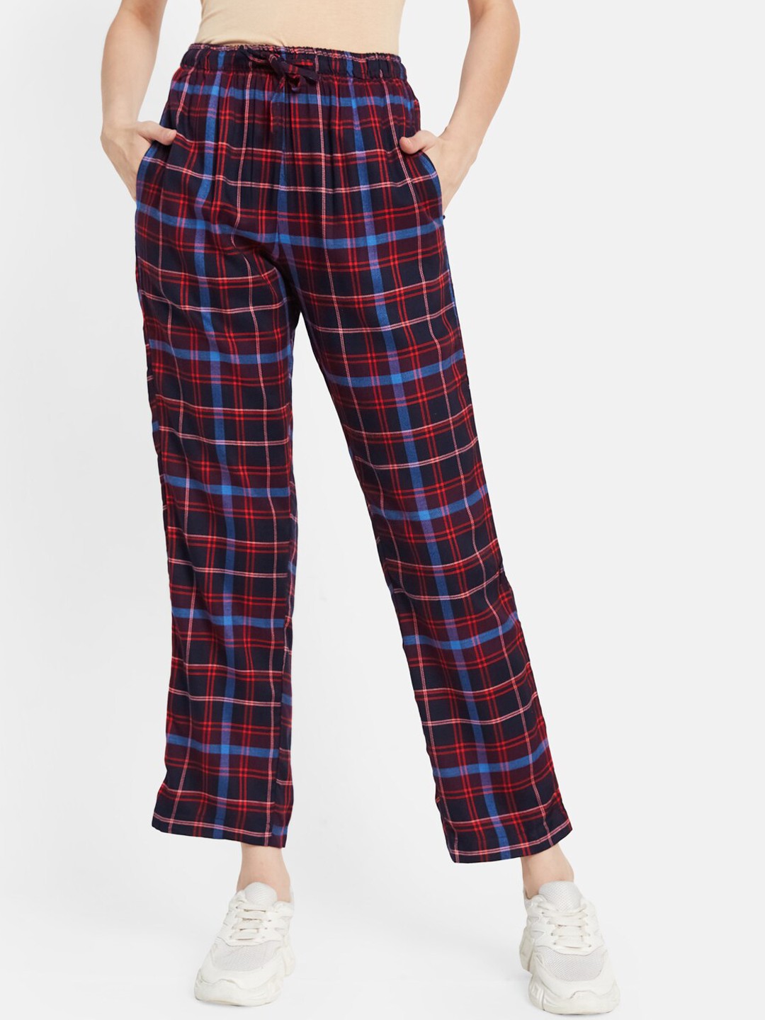 

METTLE Women Checked Cotton Track Pants, Navy blue