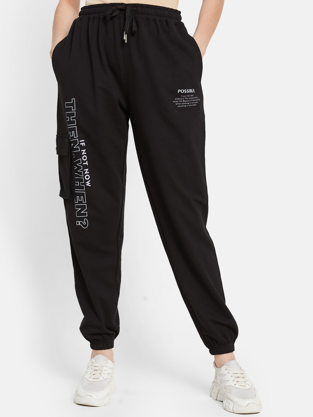 

METTLE Women Mid-Rise Typography Printed Casual Cotton Joggers, Black