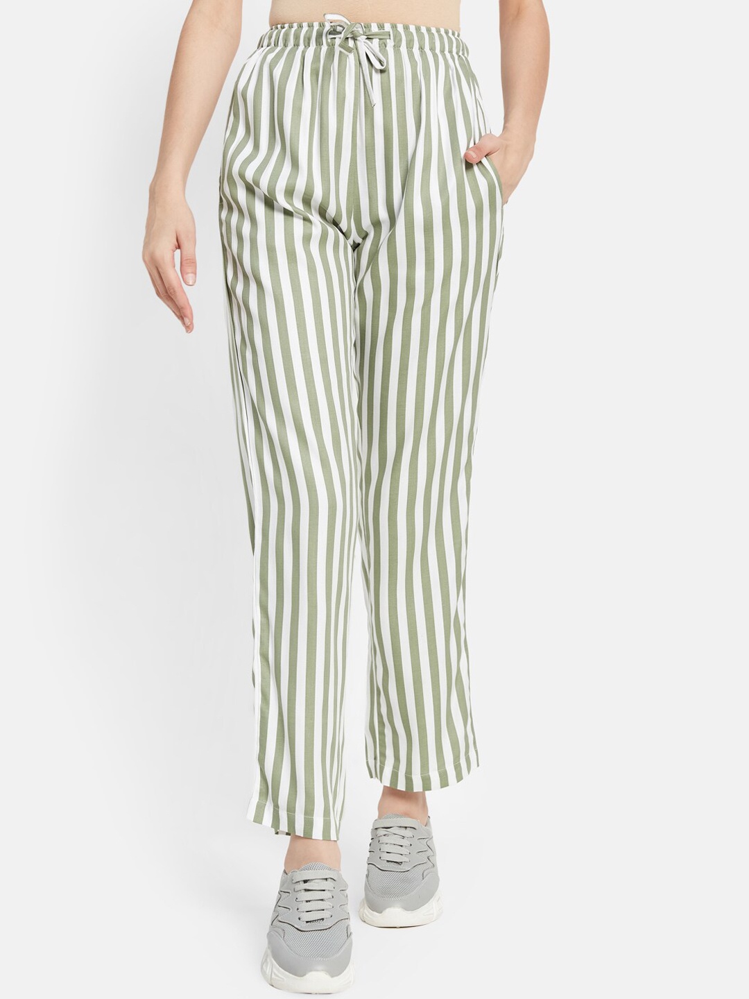 

METTLE Women Mid-Rise Striped Casual Cotton Track Pants, Olive