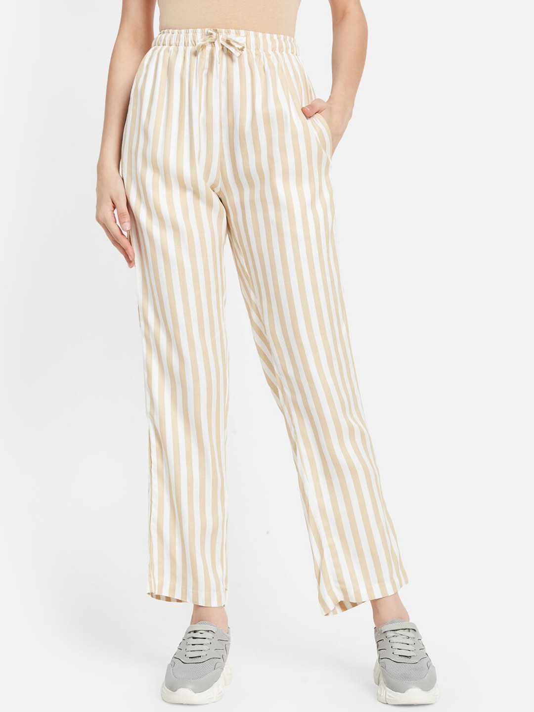 

METTLE Women Striped Cotton Track Pants, White