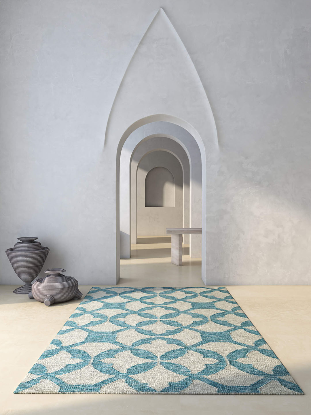 

Jaipur Rugs Off-White & Blue Geometric Woven Design Rectangular Woolen Dhurrie Carpet