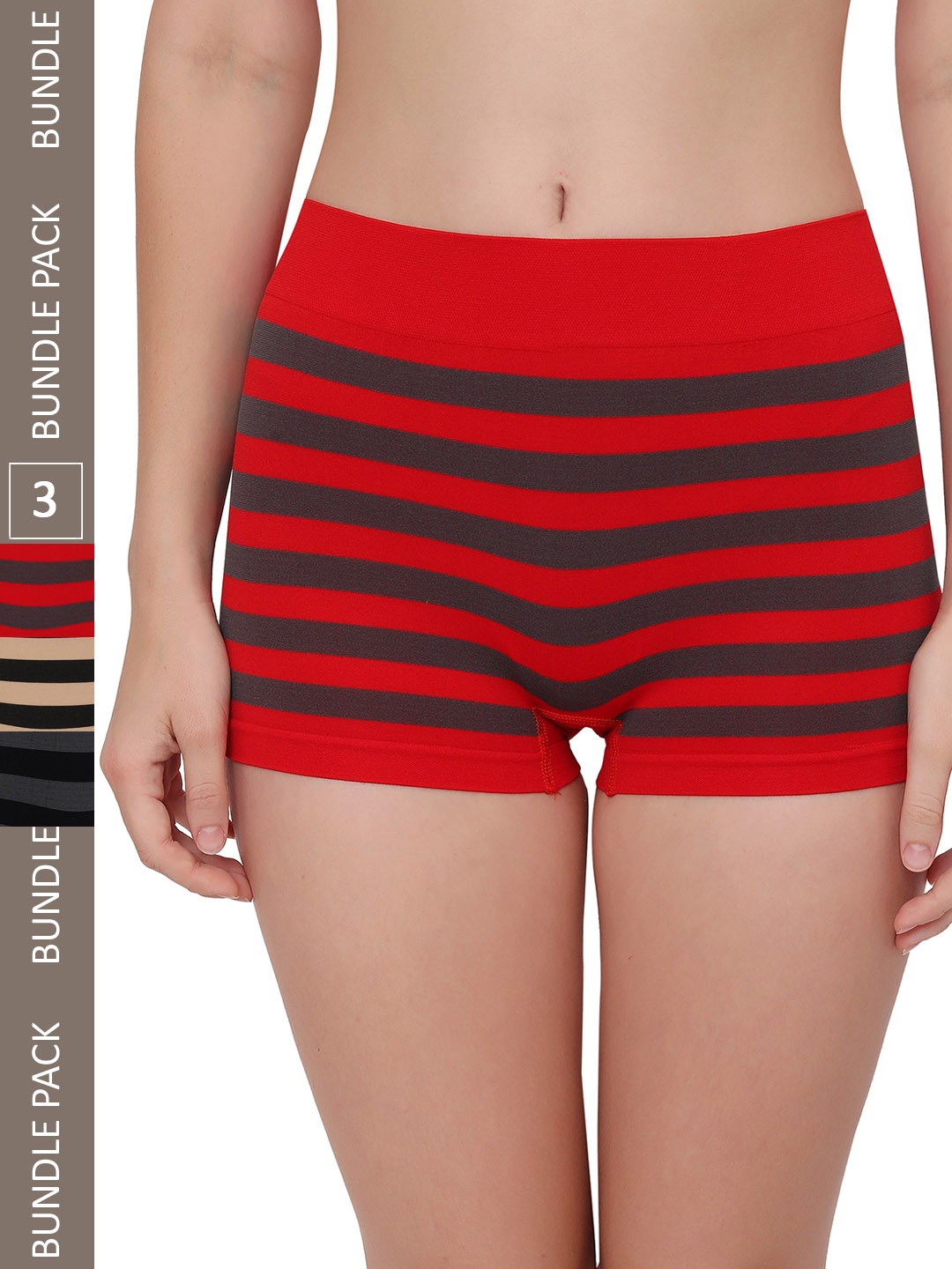 

PLUMBURY Women Pack Of 3 Striped Anti-Microbial Boy Shorts Briefs, Red