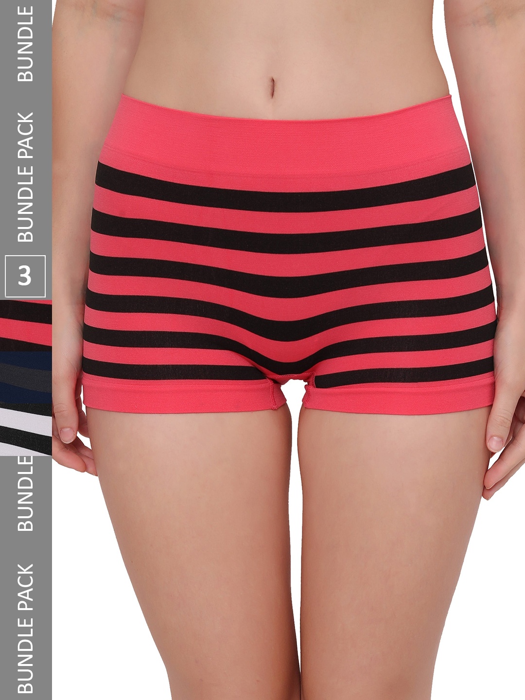 

PLUMBURY Women Pack Of 3 Striped Seamless Anti Microbial Boy Shorts Briefs, Pink