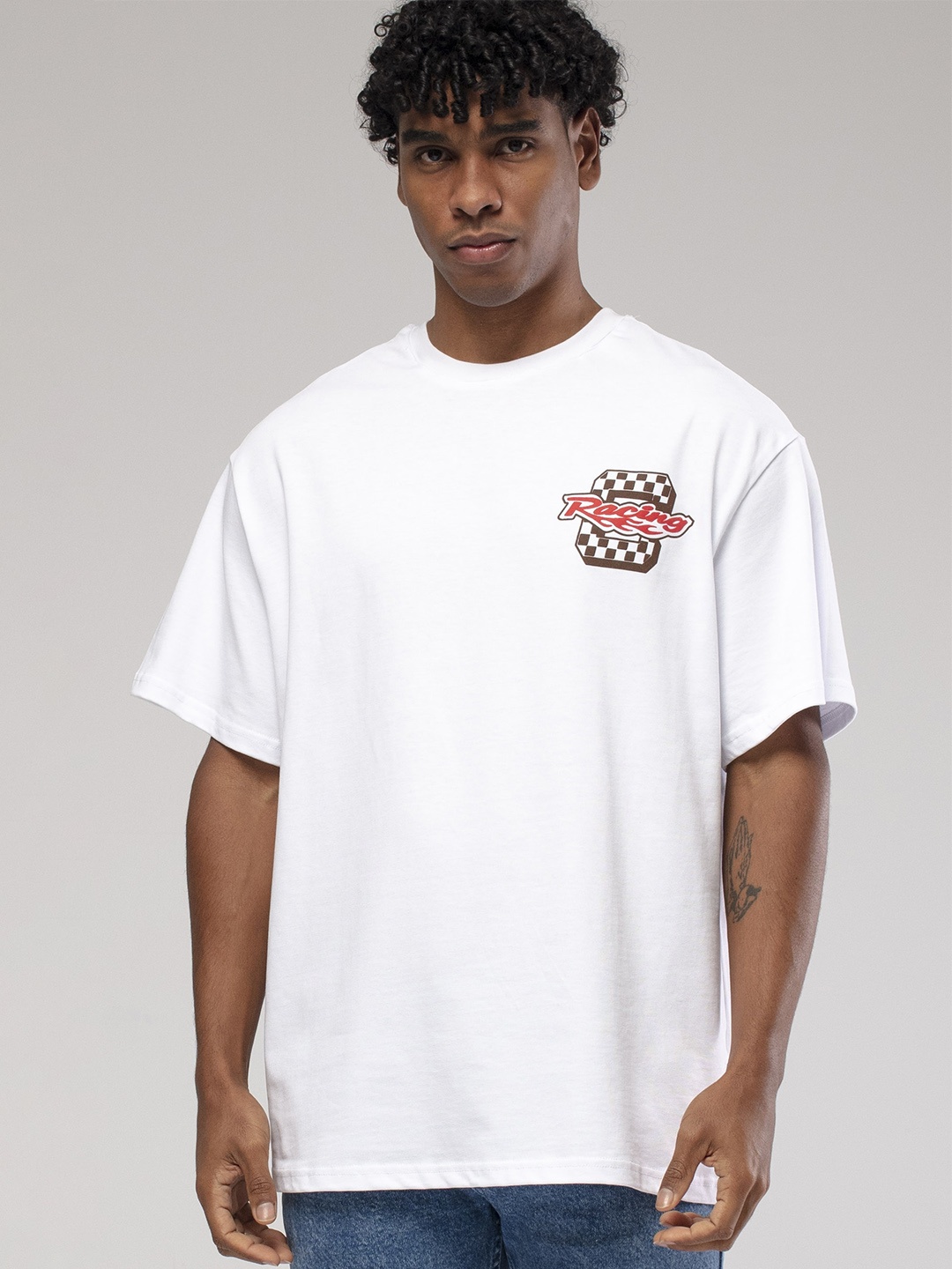 

catch Typography Printed Drop-Shoulder Sleeves Pure Cotton Loose Fit T-shirt, White