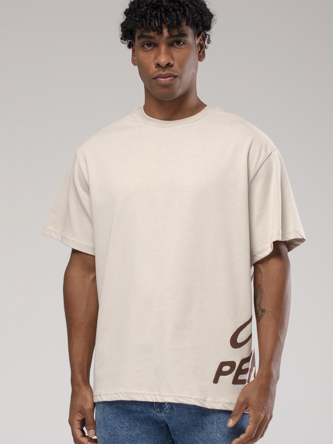 

catch Typography Printed Drop-Shoulder Sleeves Pure Cotton Oversize T-shirt, Beige
