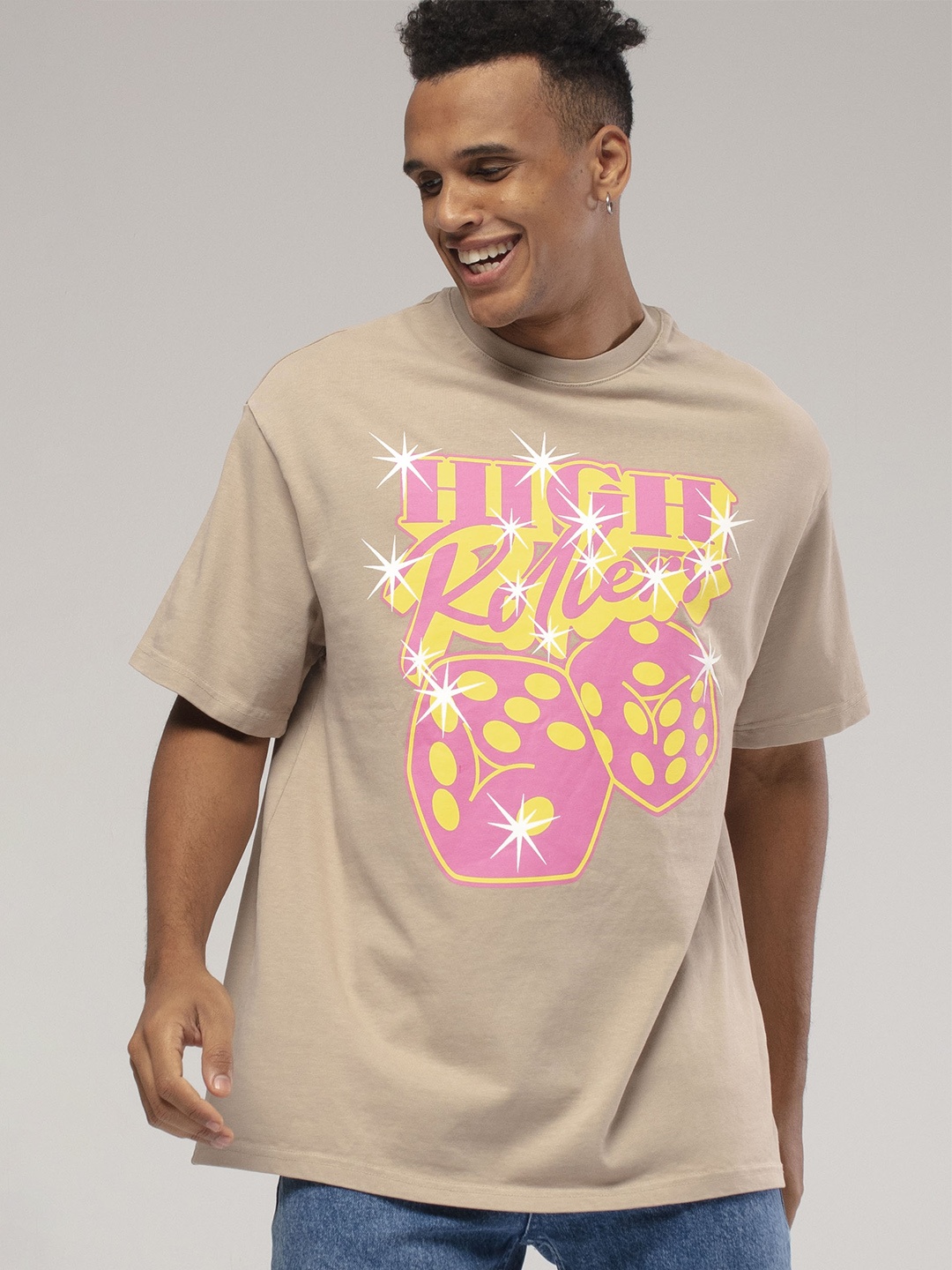 

catch Typography Printed Drop-Shoulder Sleeves Pure Cotton Oversize T-shirt, Taupe