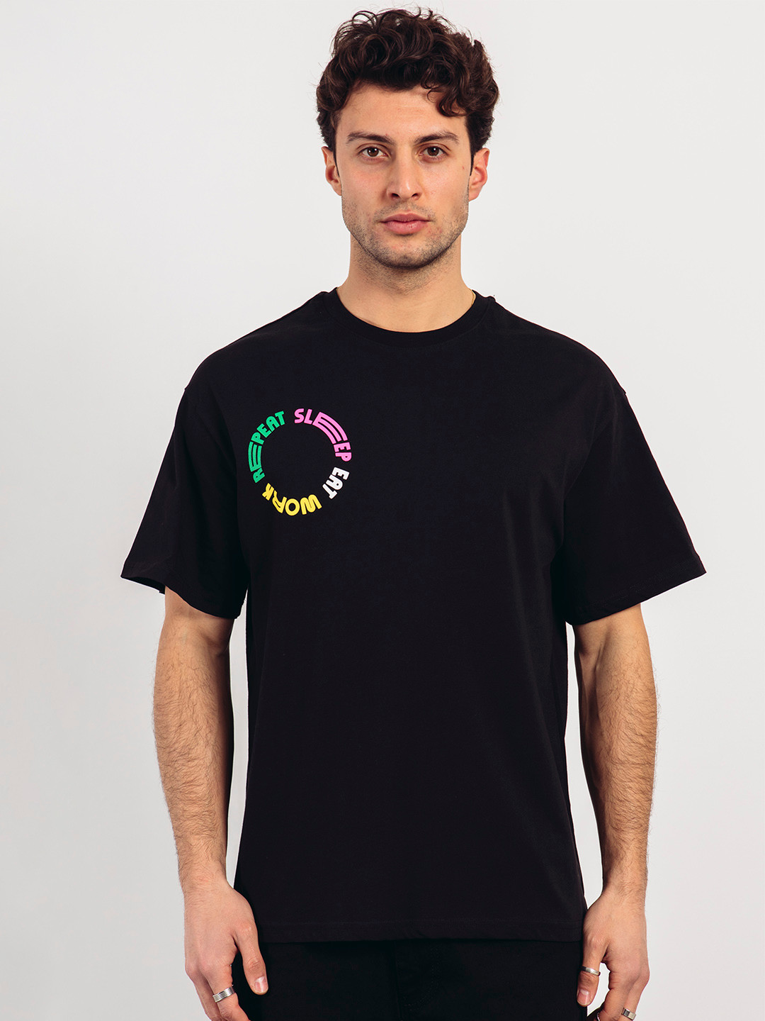 

catch Typography Printed Drop-Shoulder Sleeves Pure Cotton Oversize T-shirt, Black