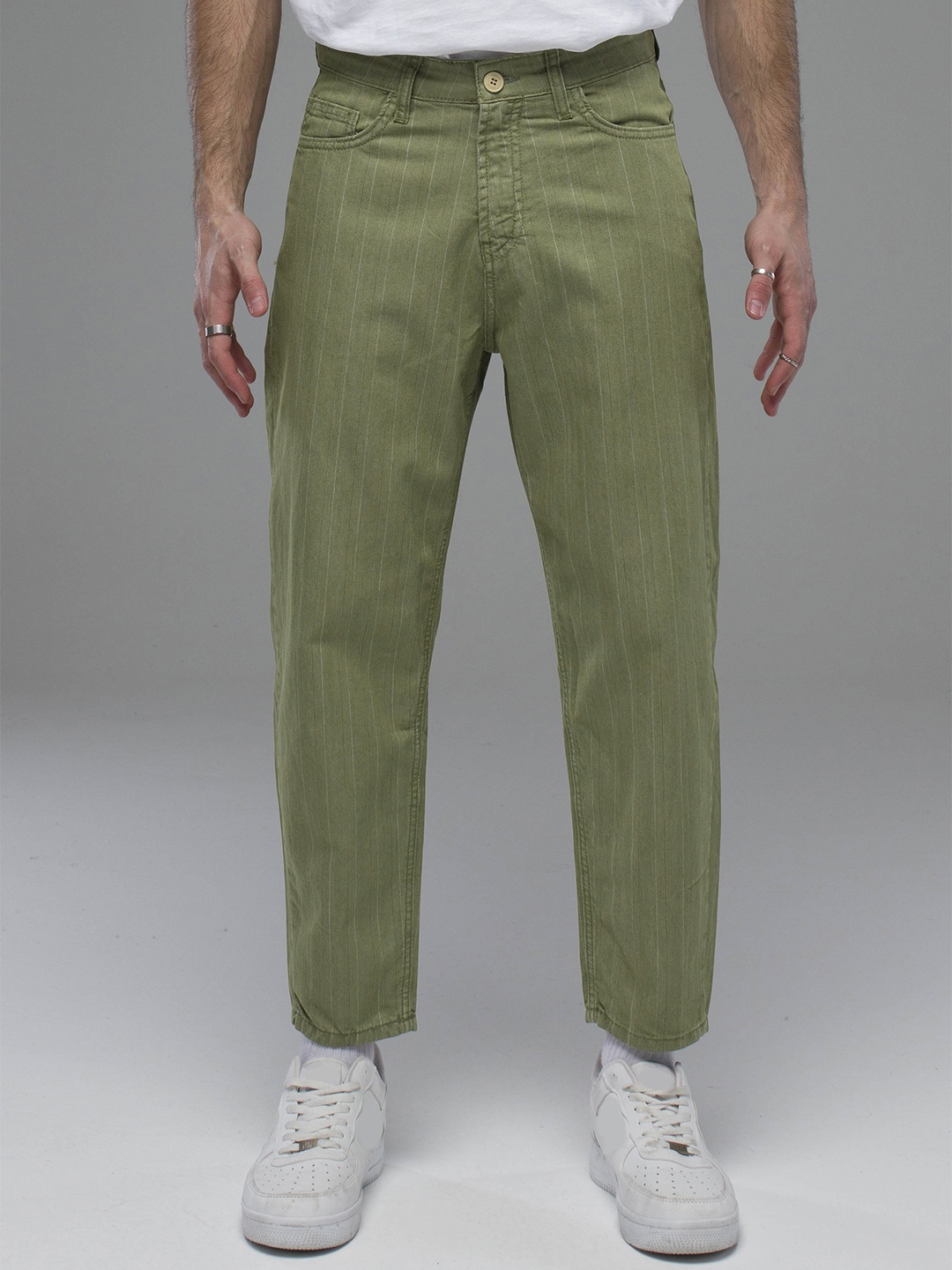 

catch Men Tapered Fit Striped Stretchable Jeans, Olive