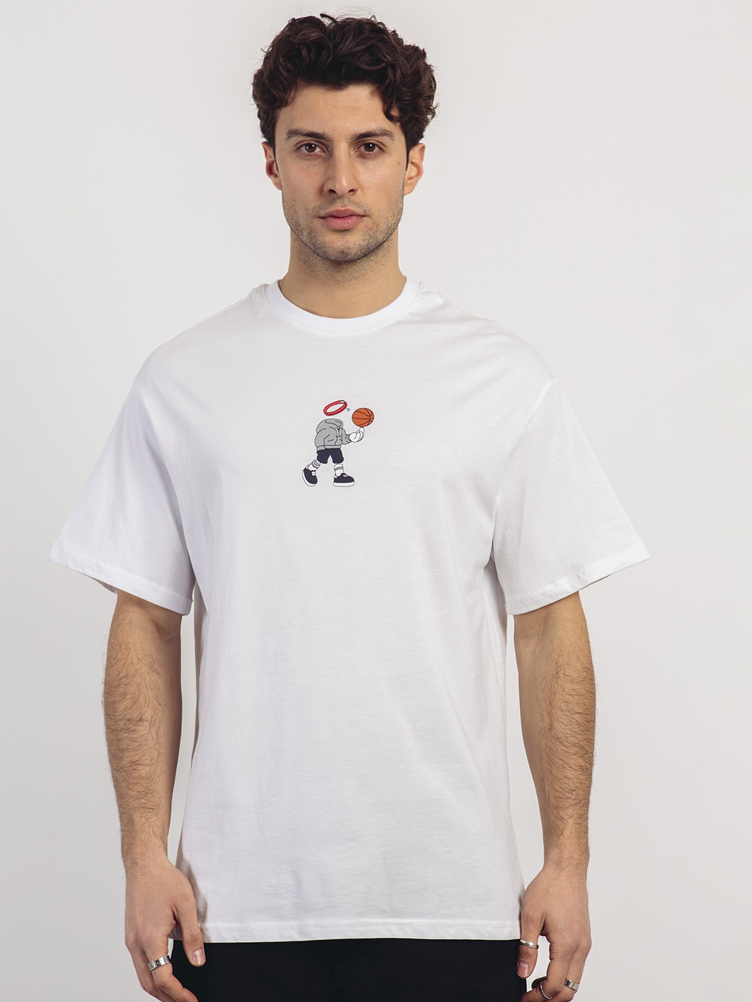 

catch Printed Drop-Shoulder Sleeves Pure Cotton Oversize T-shirt, White