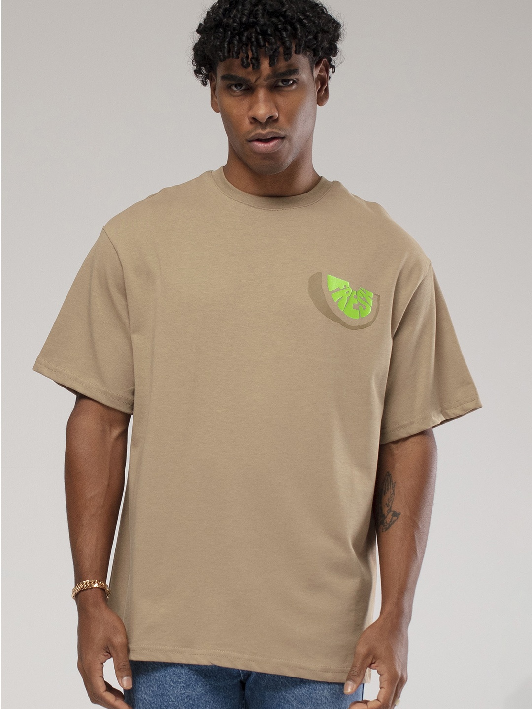 

catch Printed Drop-Shoulder Sleeves Pure Cotton Relaxed Fit T-shirt, Beige
