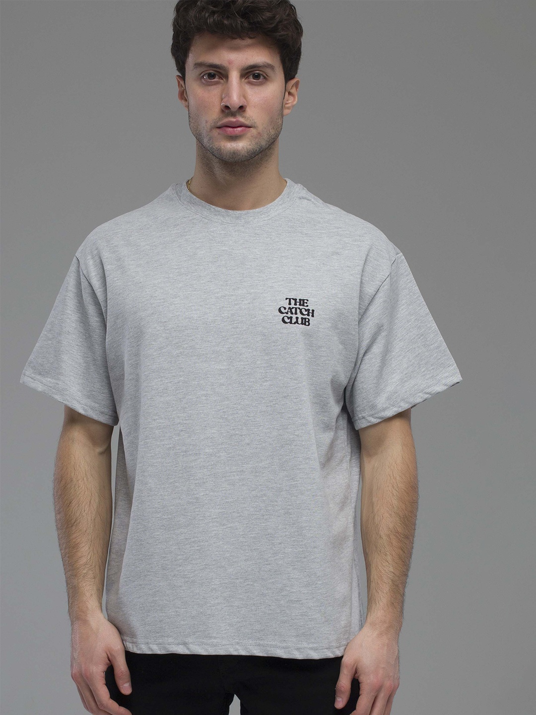 

catch Typography Printed Drop-Shoulder Sleeves Pure Cotton Loose T-shirt, Grey melange