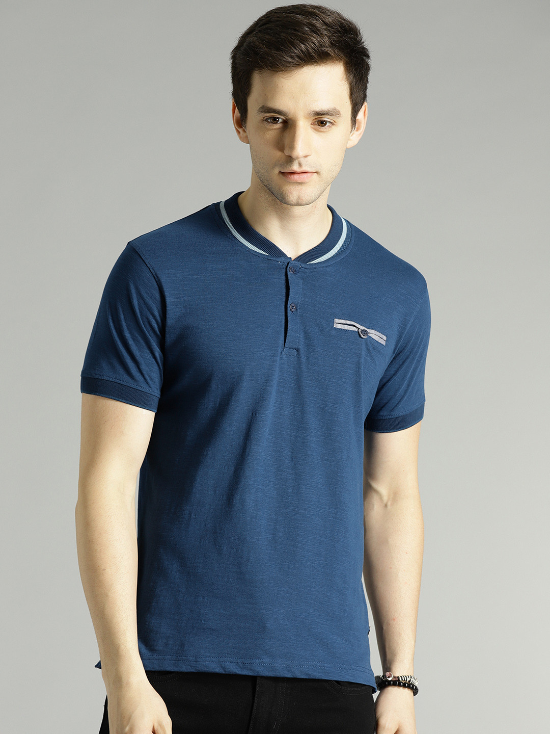 

Roadster Men Blue Solid Stand Collar Pure Cotton T-shirt