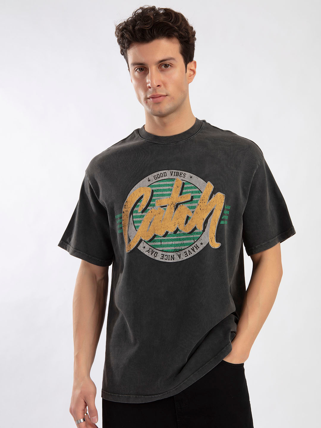 

catch Pure Cotton Brand Logo Printed Loose T-shirt, Grey