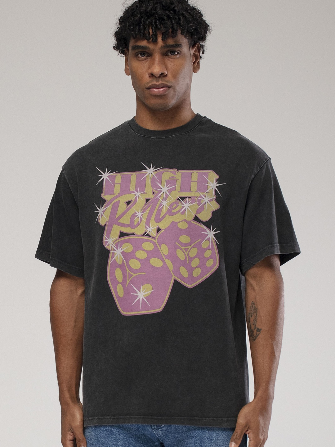 

catch Typography Printed Drop-Shoulder Sleeves Pure Cotton Loose T-shirt, Black