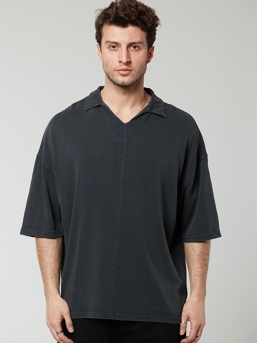 

catch Polo Collar Drop-Shoulder Sleeves Pure Cotton Loose T-shirt, Charcoal