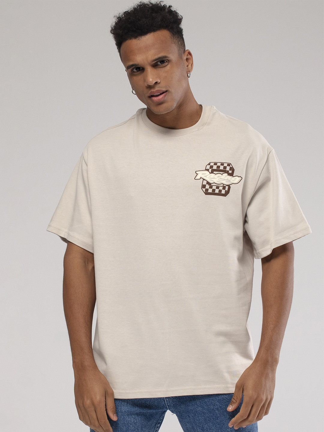 

catch Typography Printed Drop-Shoulder Sleeves Pure Cotton Loose T-shirt, Beige