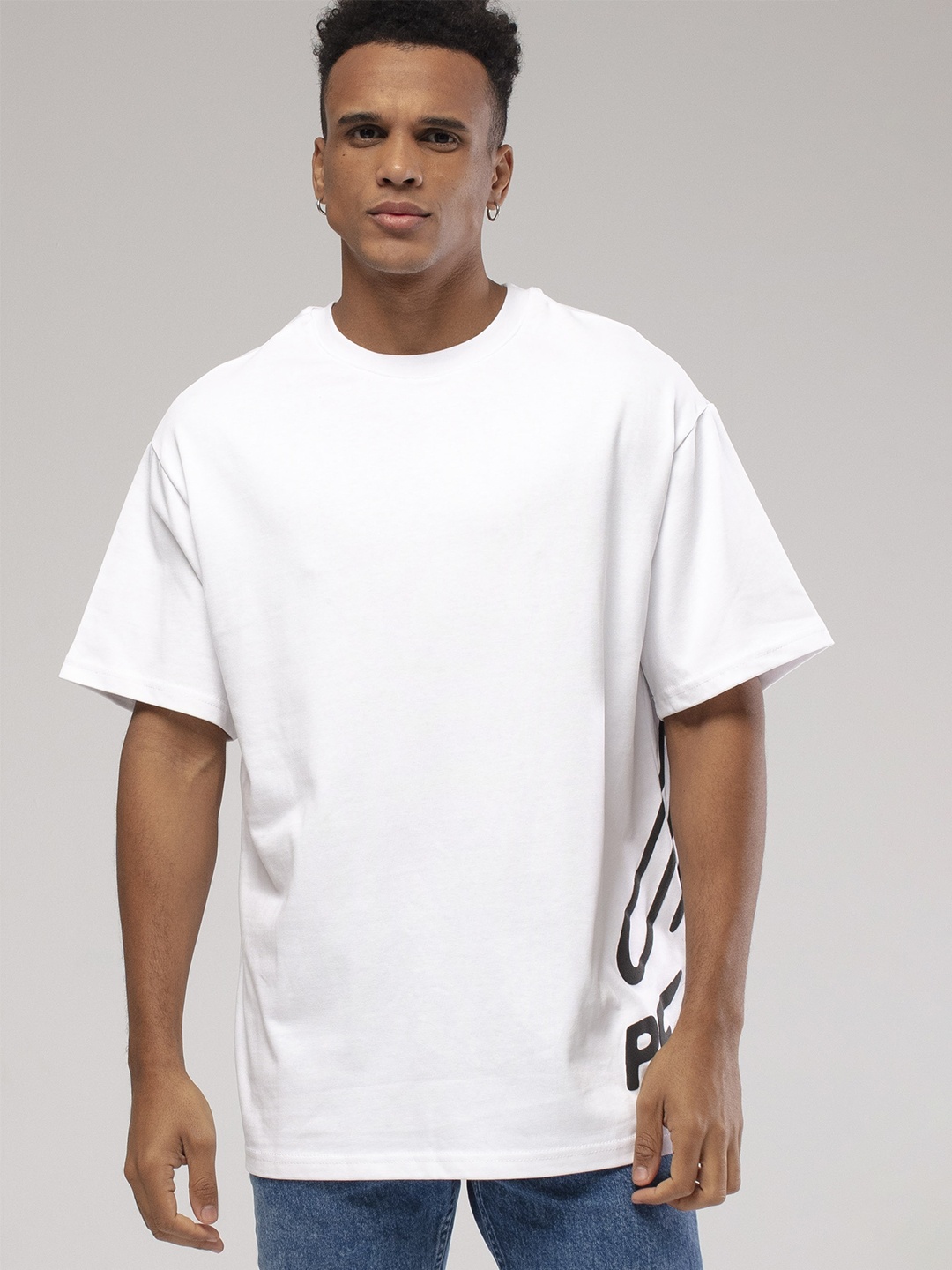 

catch Typography Printed Drop-Shoulder Sleeves Pure Cotton Loose T-shirt, White