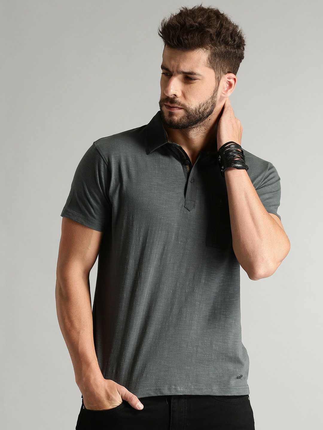 

Roadster Men Charcoal Grey Solid Polo Collar Pure Cotton T-shirt