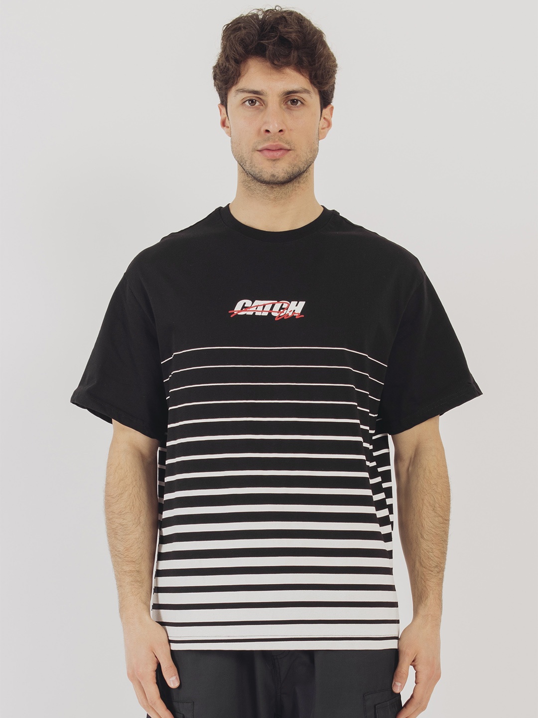 

catch Striped Drop-Shoulder Sleeves Pure Cotton Relaxed Fit T-shirt, Black