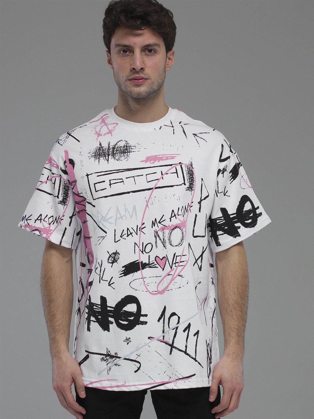 

catch Typography Printed Drop-Shoulder Sleeves Pure Cotton Relaxed Fit T-shirt, White