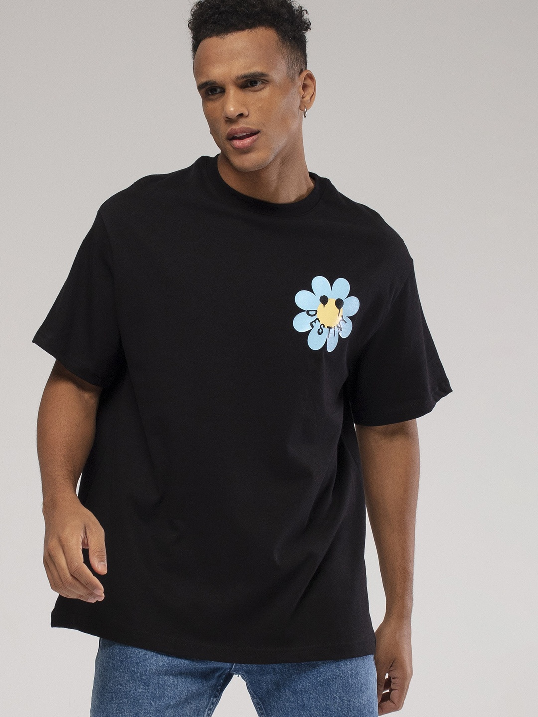

catch Floral Printed Drop-Shoulder Sleeves Pure Cotton Loose T-shirt, Black