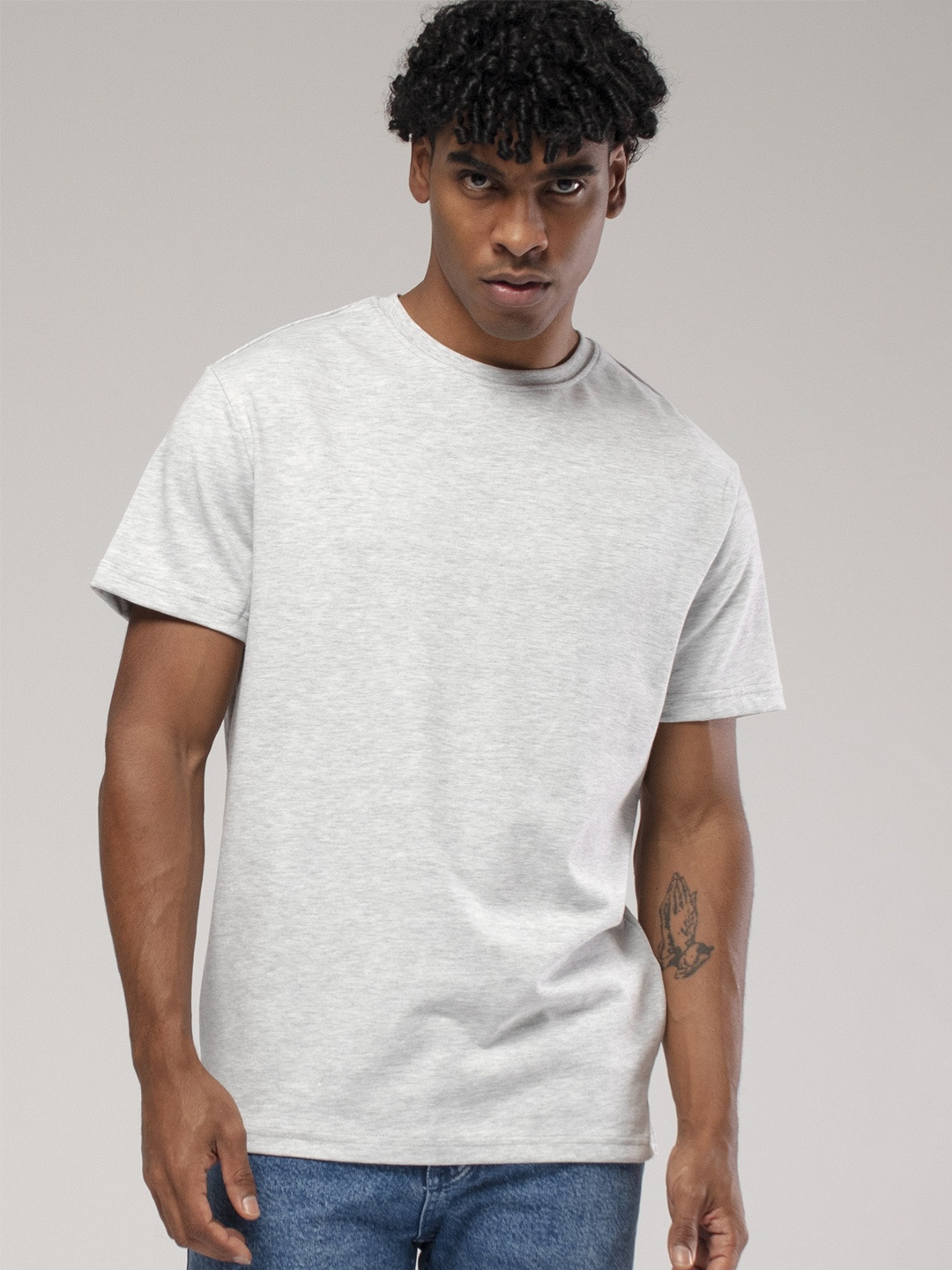 

catch Drop-Shoulder Sleeves Pure Cotton Relaxed Fit T-shirt, Grey melange
