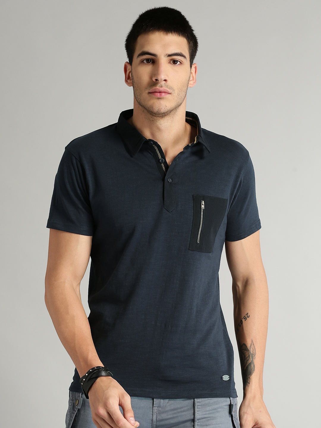 

Roadster Men Navy Blue Solid Polo Collar Pure Cotton T-shirt