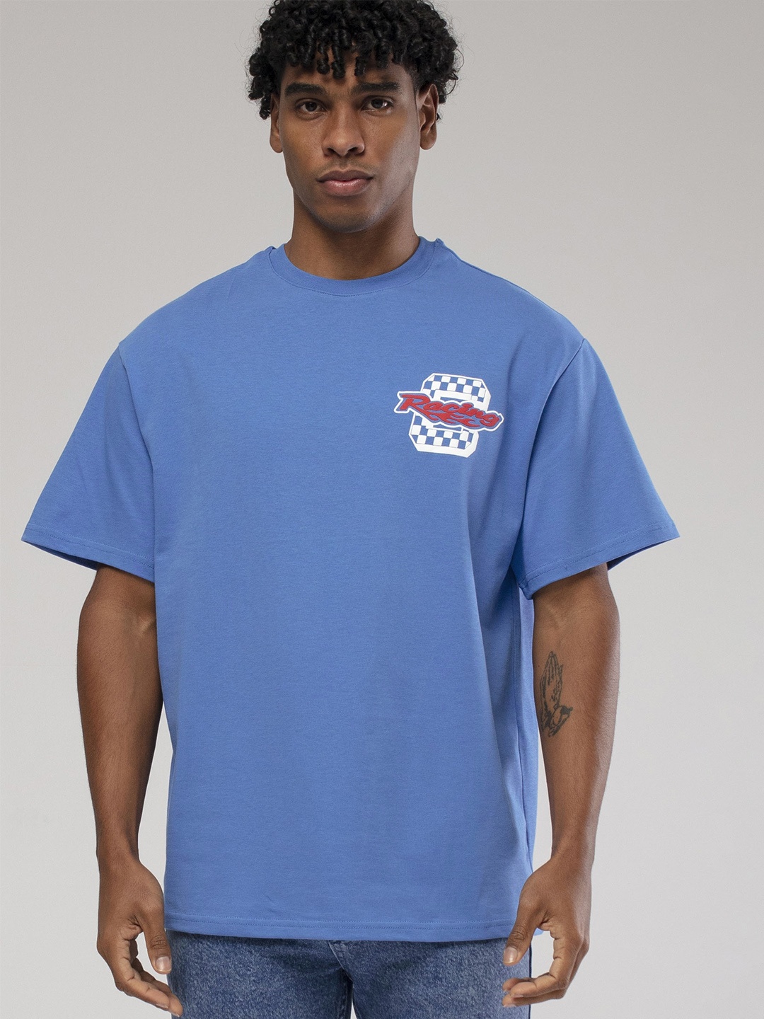 

catch Typography Printed Drop-Shoulder Sleeves Pure Cotton Loose T-shirt, Blue