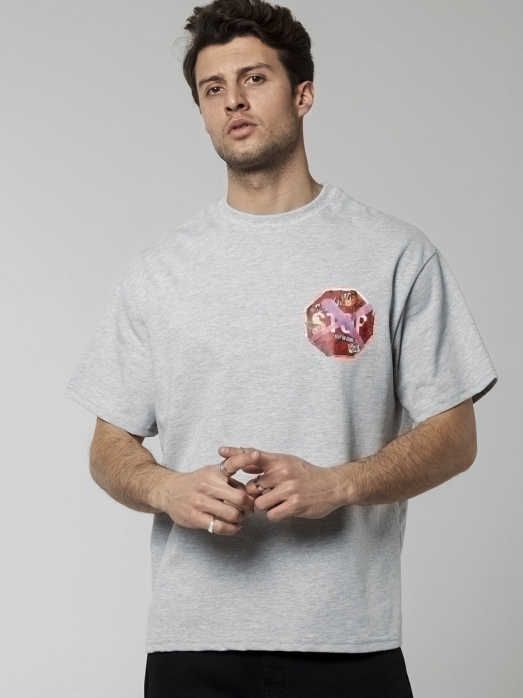 catch Printed Detail Oversized Pure Cotton T-shirt, Grey