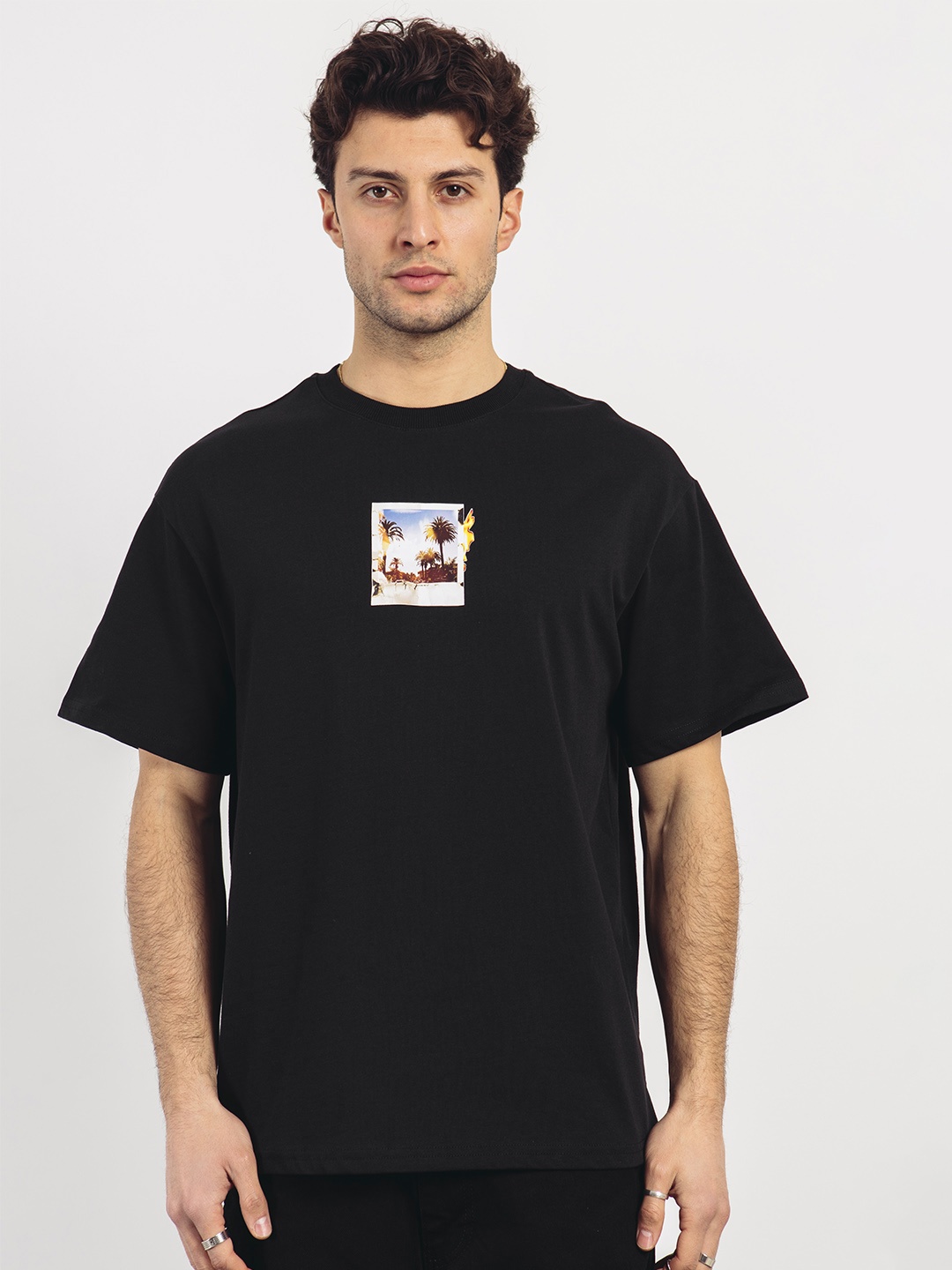 

catch Printed Drop-Shoulder Sleeves Pure Cotton Loose T-shirt, Black