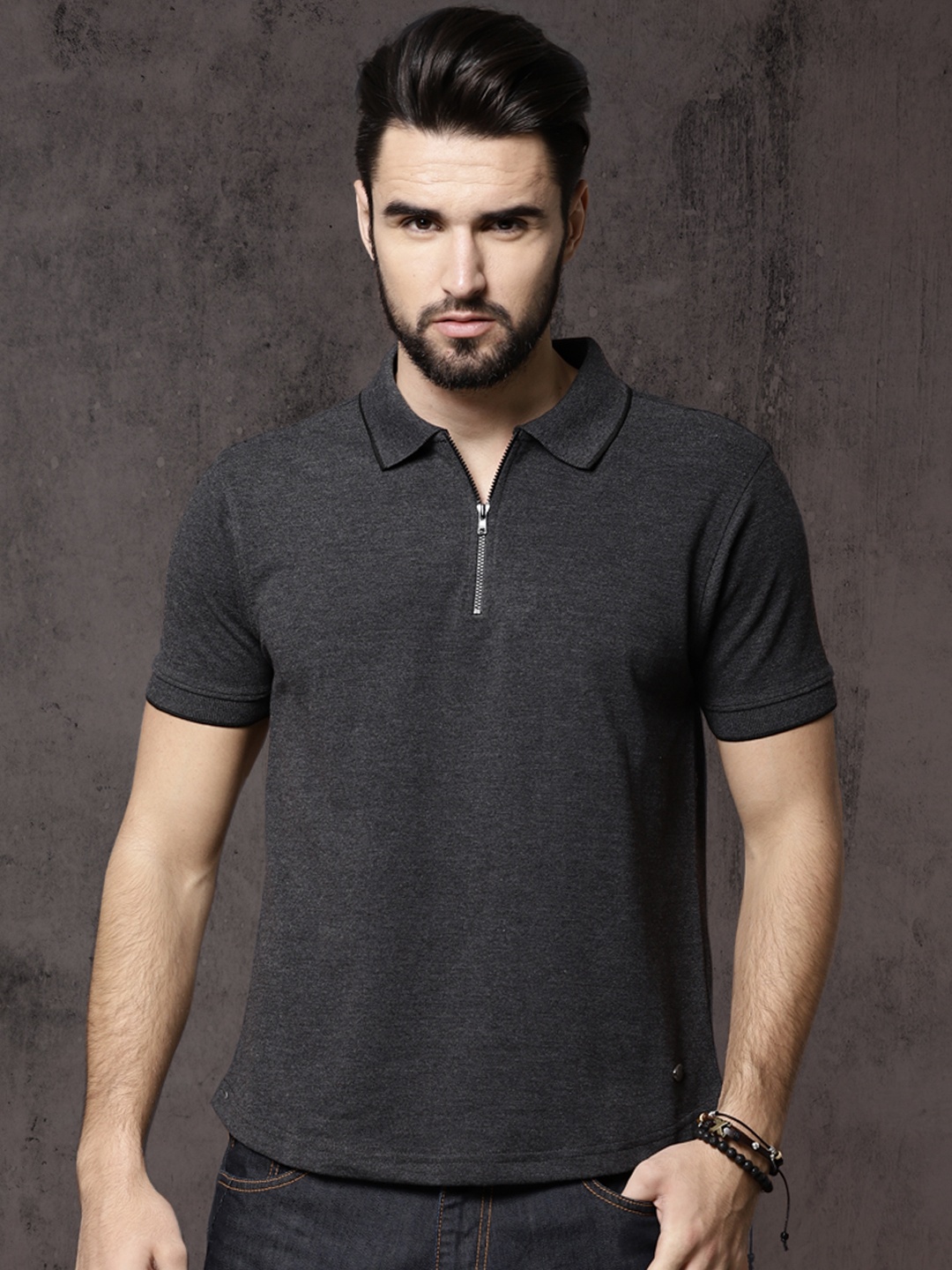 

Roadster Men Grey Melange Printed Polo Collar T-shirt
