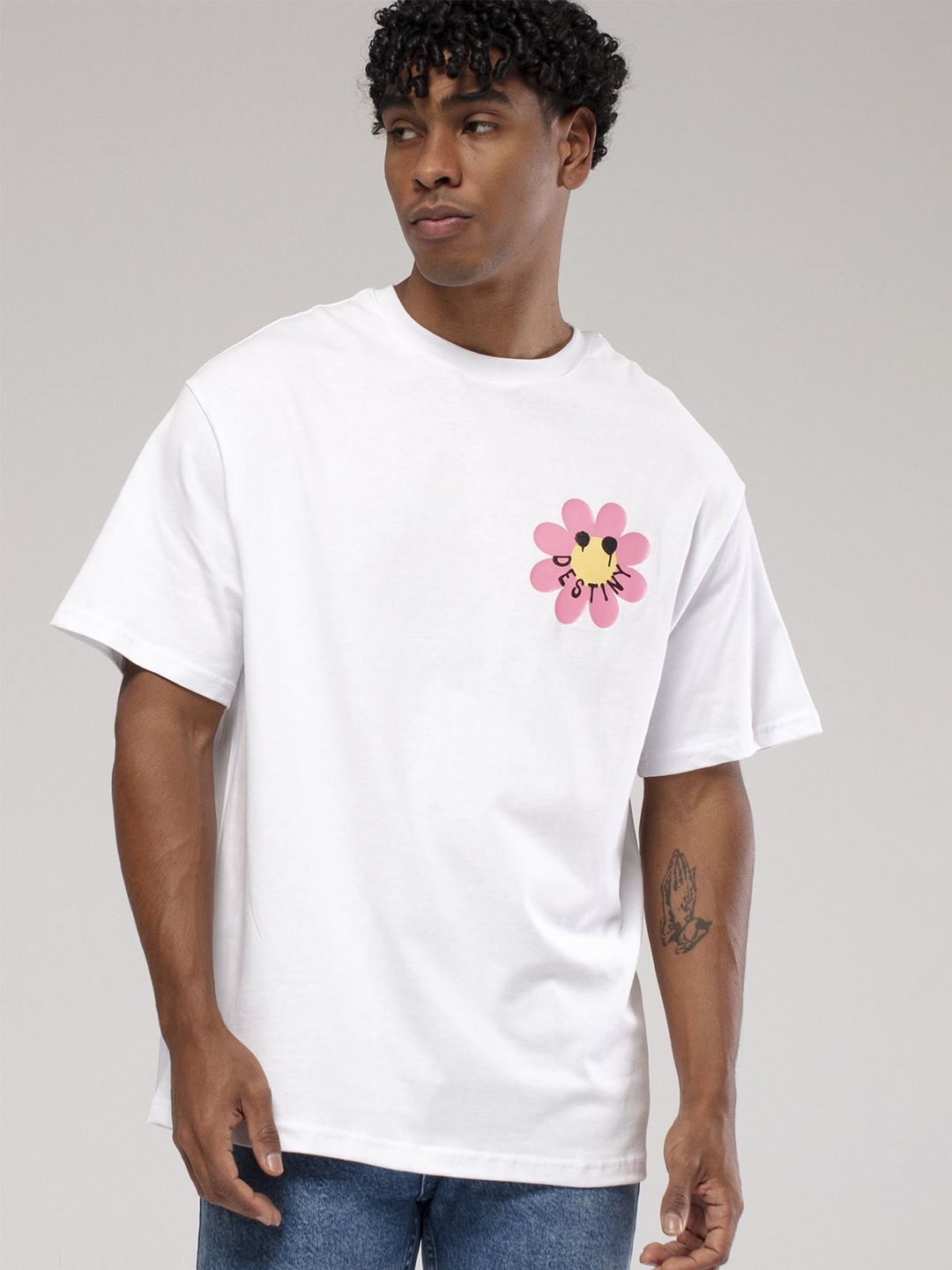 

catch Floral Printed Drop-Shoulder Sleeves Pure Cotton Loose T-shirt, White