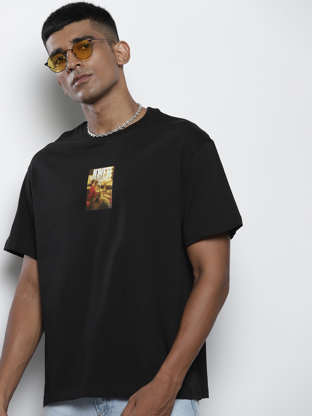 

catch Joker Print Drop-Shoulder Sleeves Pure Cotton Loose T-shirt, Black