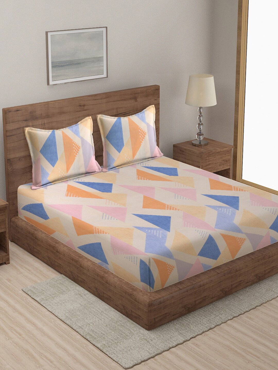 

FABINALIV Peach-Coloured Geometric 300 TC Fitted Super King Bedsheet & 2 Pillow Covers