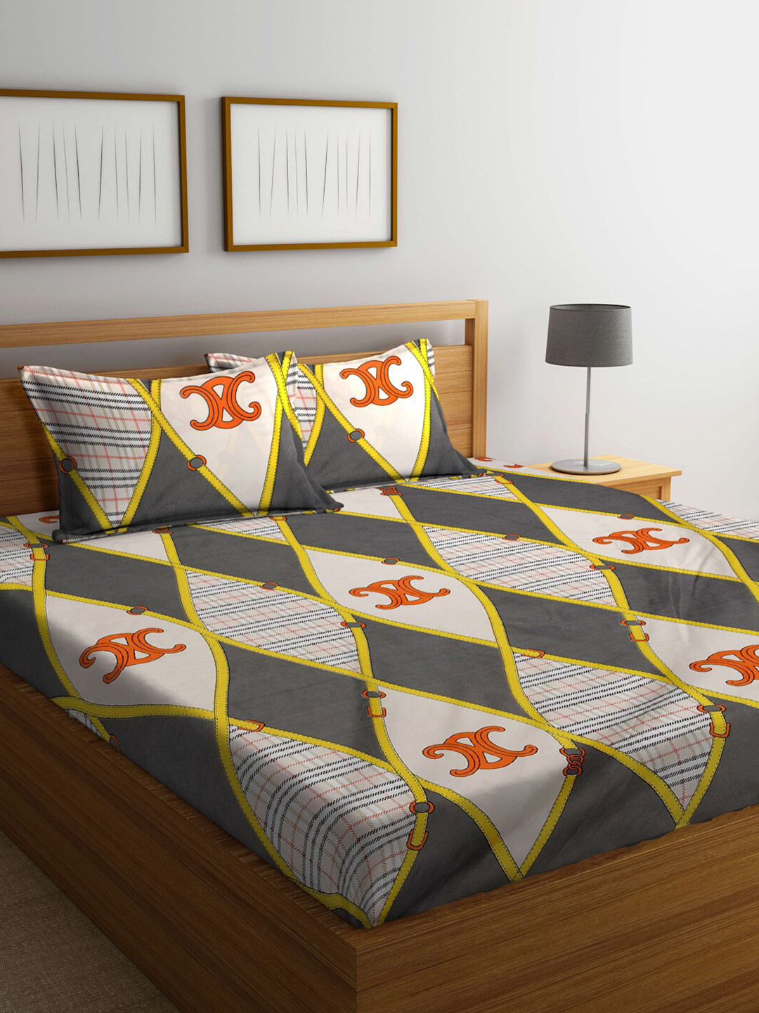 

FABINALIV Grey & Yellow Geometric 300 TC Fitted King Bedsheet with 2 Pillow Covers