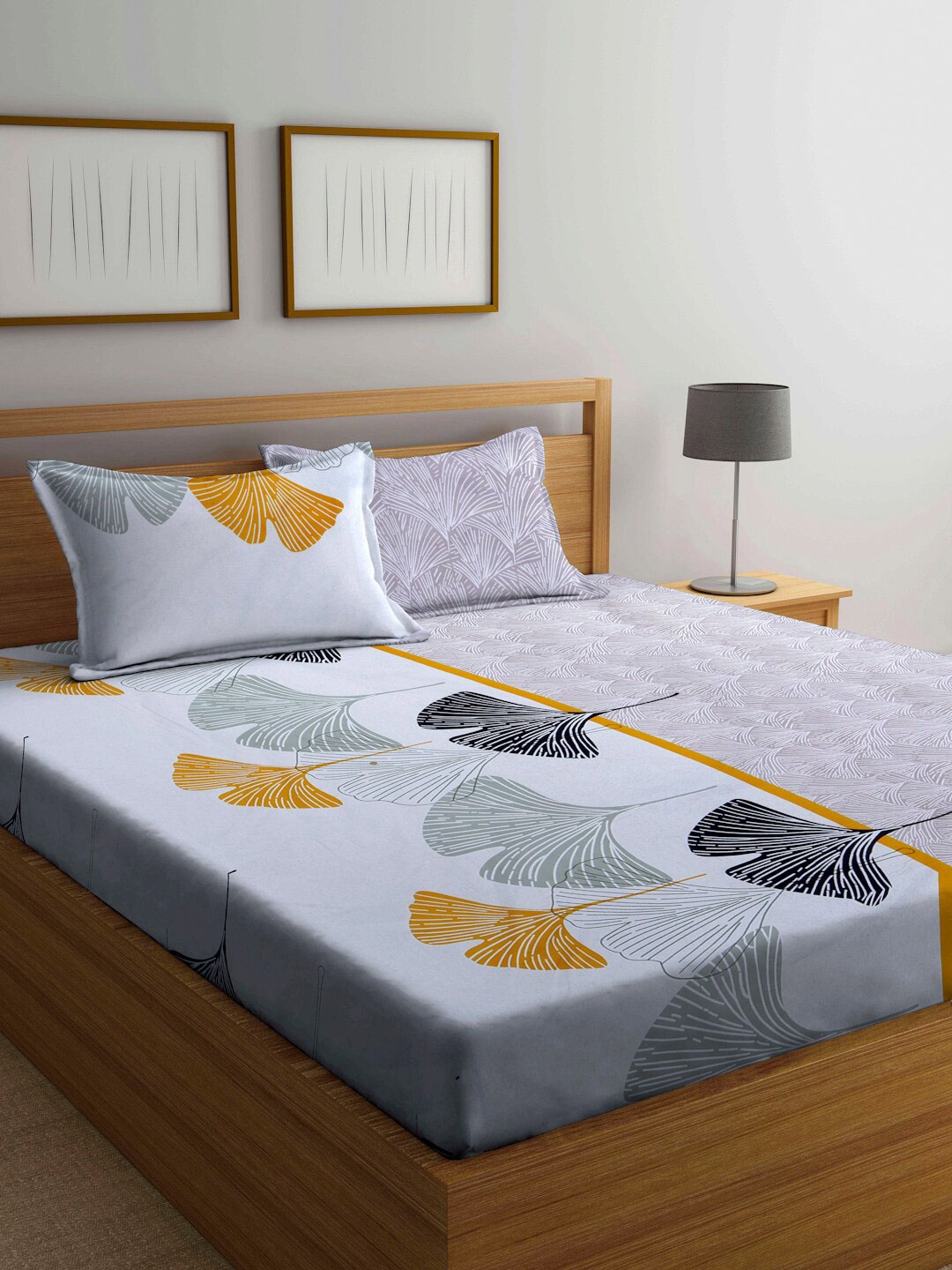 

FABINALIV White & Yellow Floral 300 TC Fitted King Bedsheet with 2 Pillow Covers