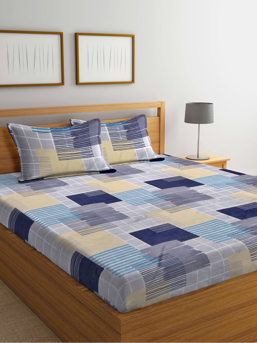 

FABINALIV Blue & Yellow Geometric 300 TC Fitted King Bedsheet with 2 Pillow Covers