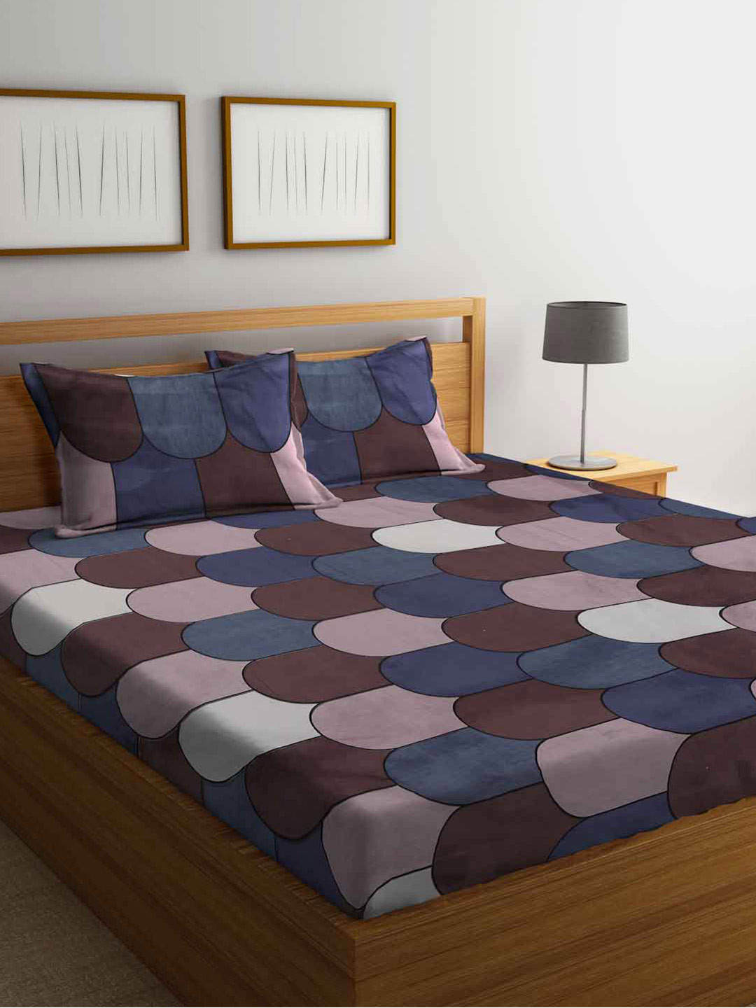 

FABINALIV Grey & Brown Geometric 300 TC Fitted Super King Size Bedsheet & 2 Pillow Covers